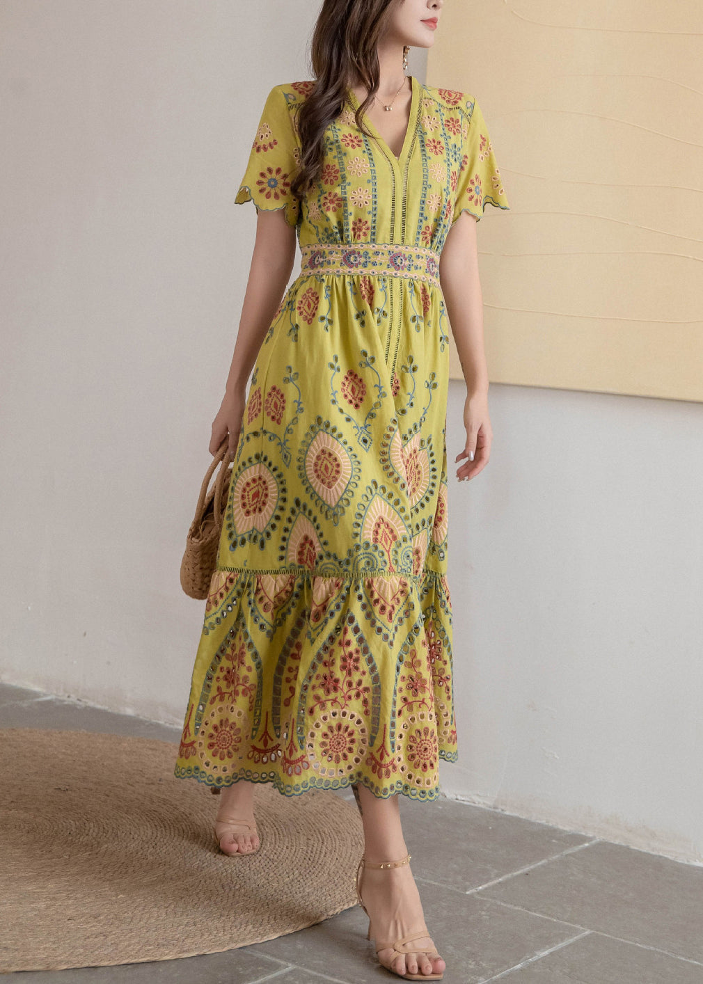 V Dress High Yellow Waist Cotton Summer Long Neck Out Hollow