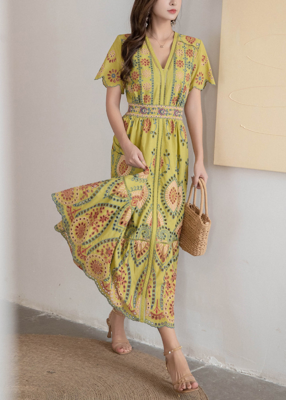 V Dress High Yellow Waist Cotton Summer Long Neck Out Hollow