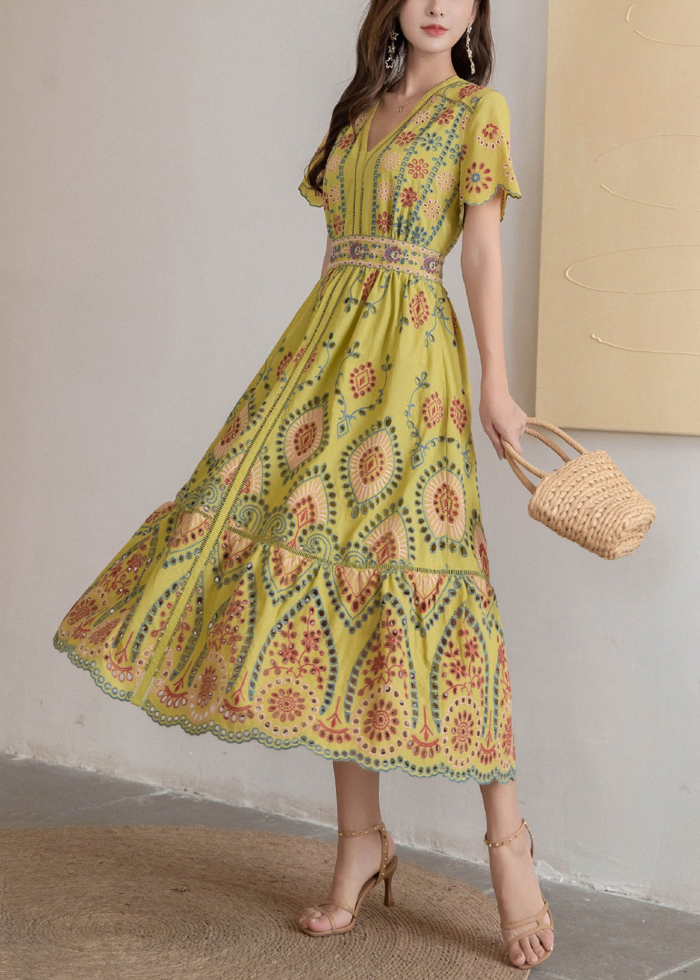 V Dress High Yellow Waist Cotton Summer Long Neck Out Hollow