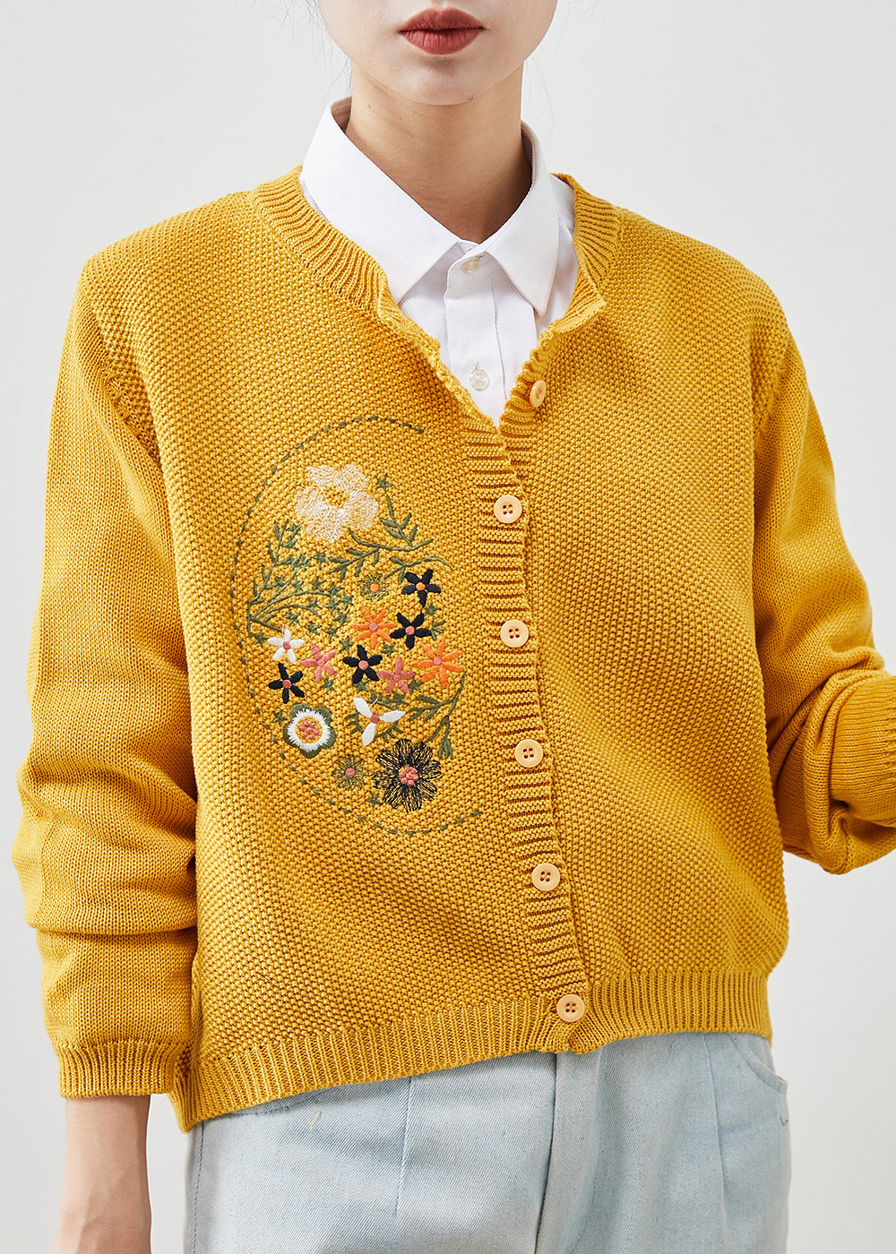 Yellow Knit Cardigans Embroidered Button Spring YU1042