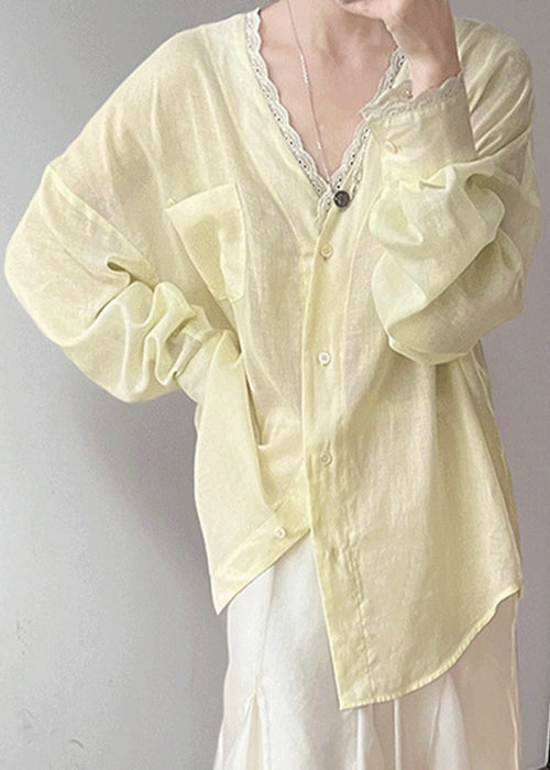 Cotton Blouse Yellow Neck Lace V Summer Pockets Silk