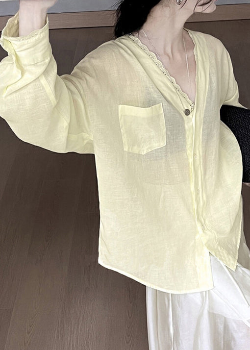 Cotton Blouse Yellow Neck Lace V Summer Pockets Silk