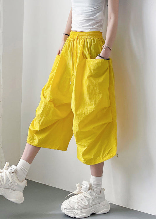 Elastic Waist Oversized Yellow Lace Summer Up Crop Pants Cotton