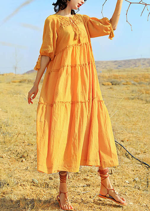 Summer Dress Yellow Solid Long Ruffled Cotton Lace Up