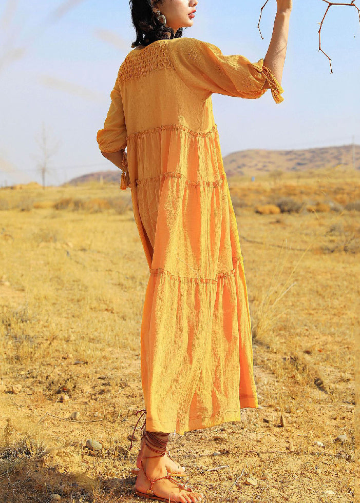 Summer Dress Yellow Solid Long Ruffled Cotton Lace Up