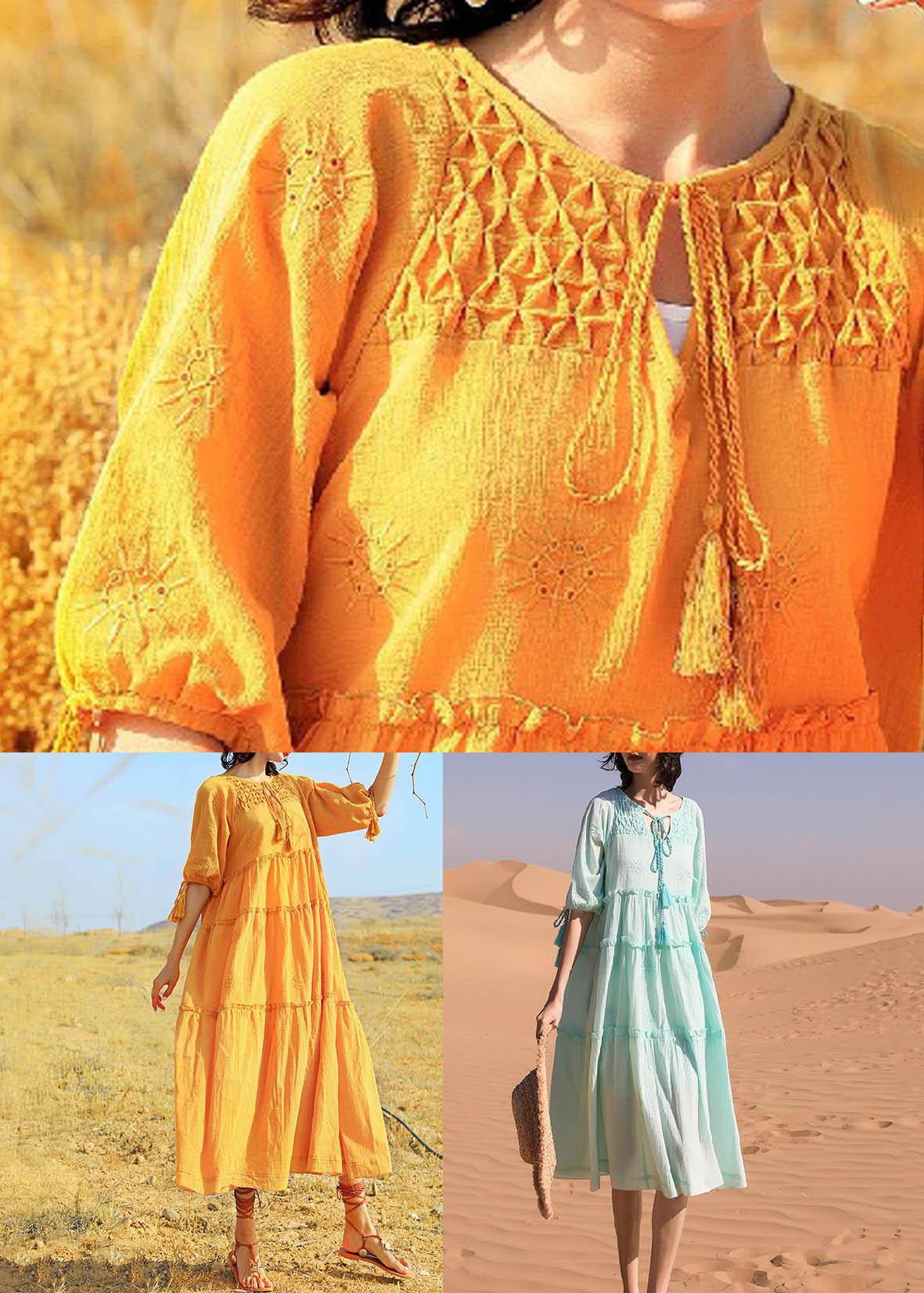 Summer Dress Yellow Solid Long Ruffled Cotton Lace Up