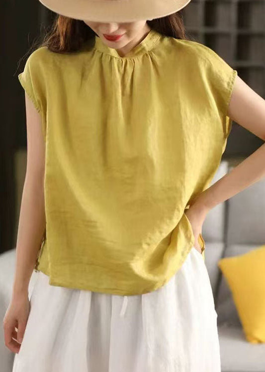 Loose Tank Yellow Stand Collar Tops Linen Summer