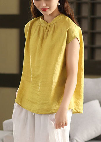 Loose Tank Yellow Stand Collar Tops Linen Summer