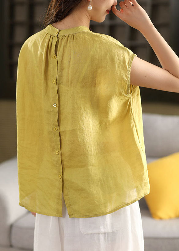 Loose Tank Yellow Stand Collar Tops Linen Summer