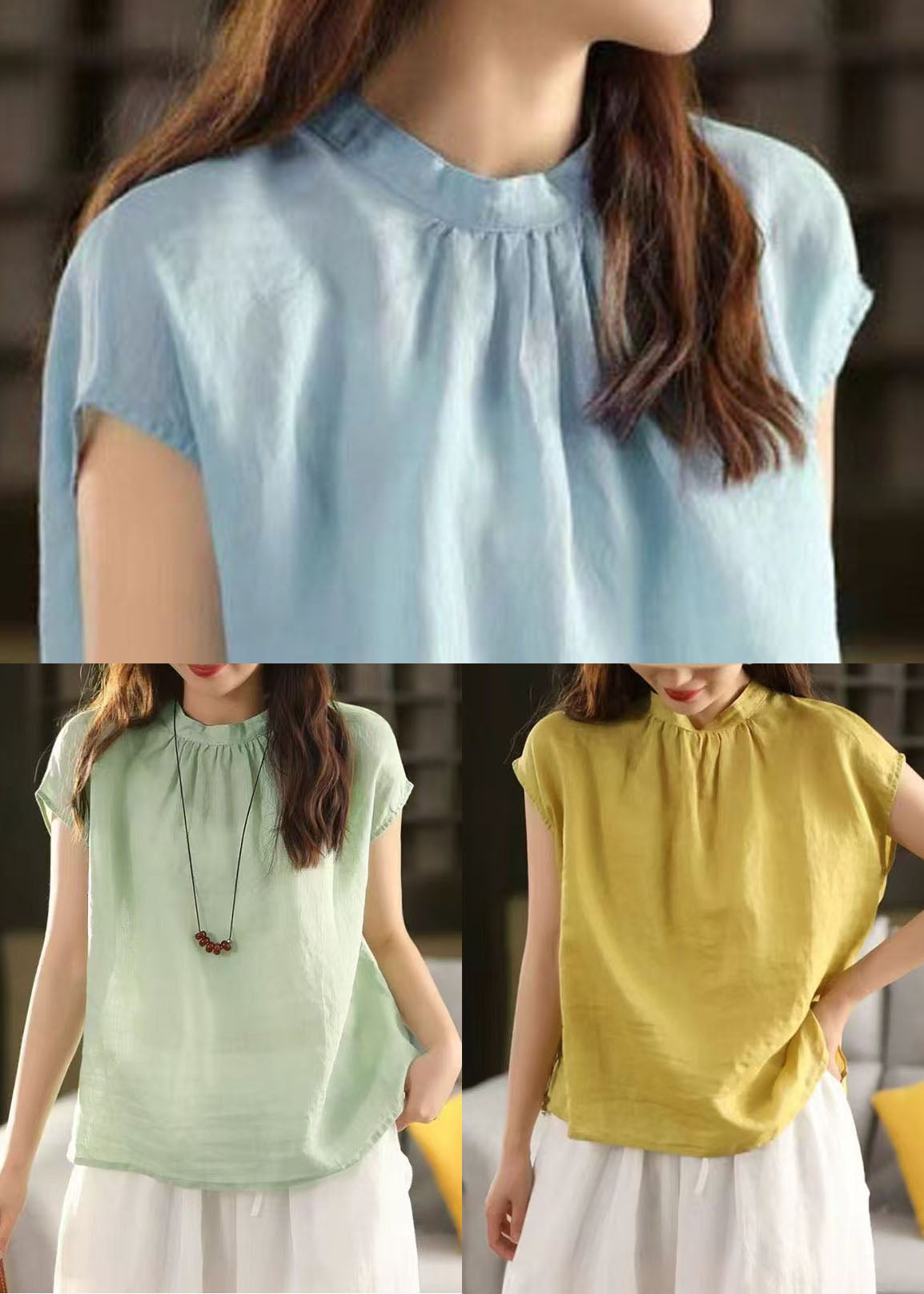 Loose Tank Yellow Stand Collar Tops Linen Summer