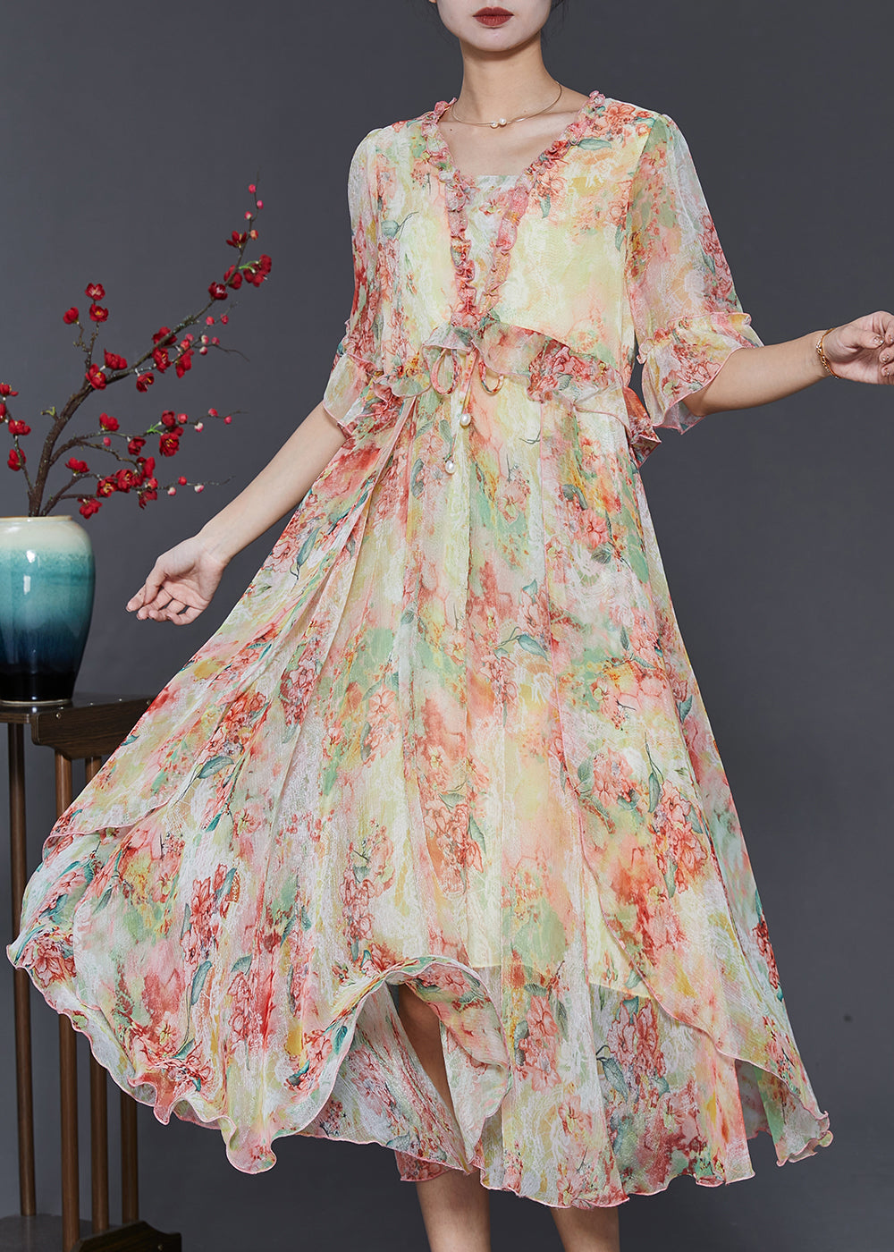 Yellow Print Chiffon Cinched Dress Ruffled Summer SD1020