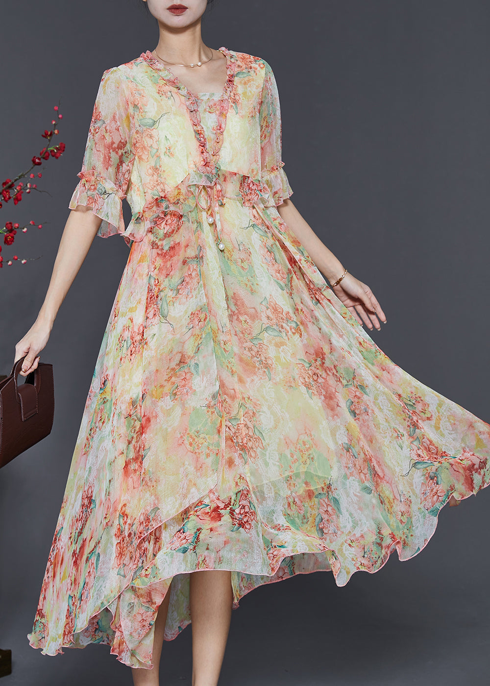 Yellow Print Chiffon Cinched Dress Ruffled Summer SD1020