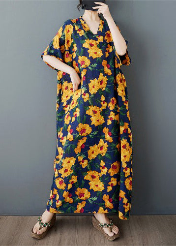 Batwing Yellow Dress Oversized Long Sleeve Cotton Print