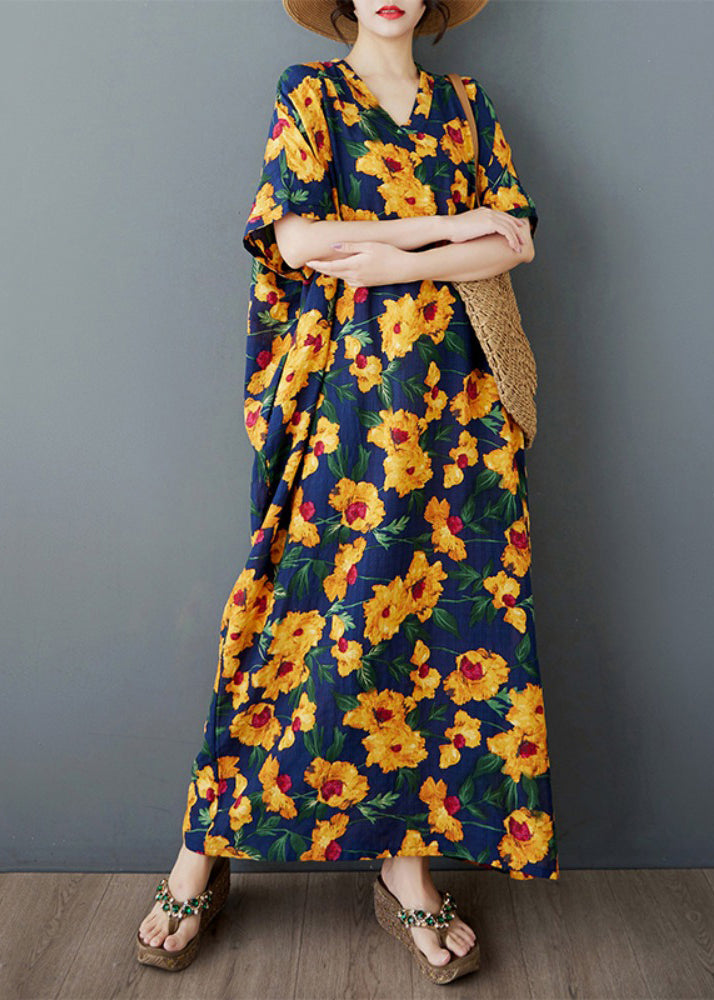 Batwing Yellow Dress Oversized Long Sleeve Cotton Print