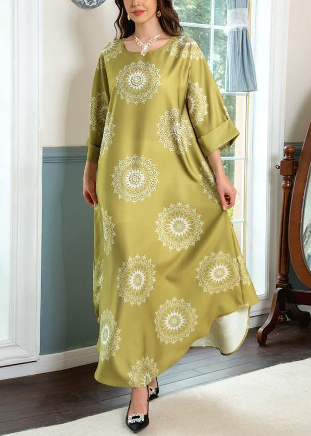 Yellow Print Cotton Long Dresses O Neck Half Sleeve AA1024