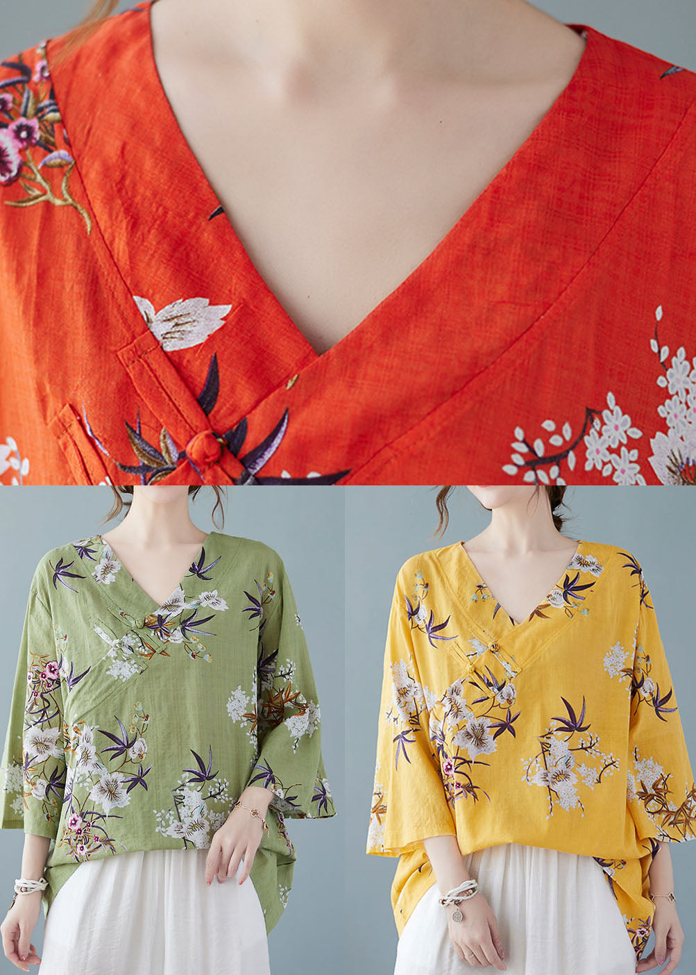 Yellow Print Cotton Shirts V Neck Chinese Button Summer FF027