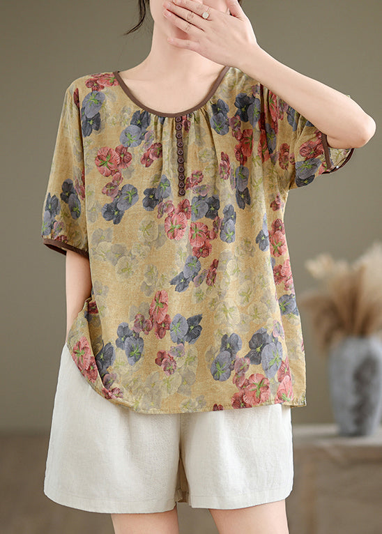 Yellow Print Loose Linen T Shirts O Neck Short Sleeve JH045