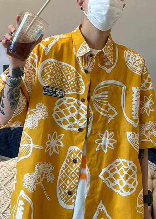 Print Shirts Pockets Yellow Pan Collar Cotton Peter Half Men