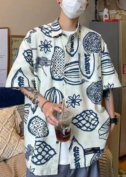 Print Shirts Pockets Yellow Pan Collar Cotton Peter Half Men