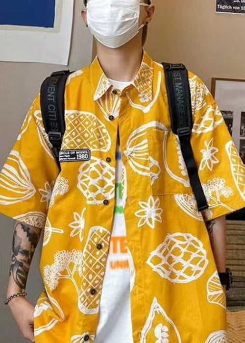 Print Shirts Pockets Yellow Pan Collar Cotton Peter Half Men