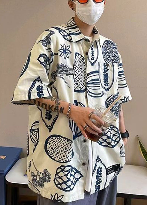 Print Shirts Pockets Yellow Pan Collar Cotton Peter Half Men