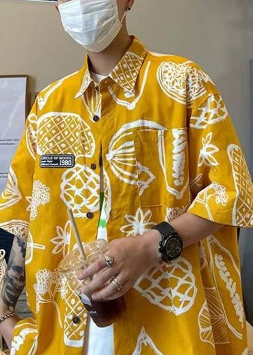Print Shirts Pockets Yellow Pan Collar Cotton Peter Half Men