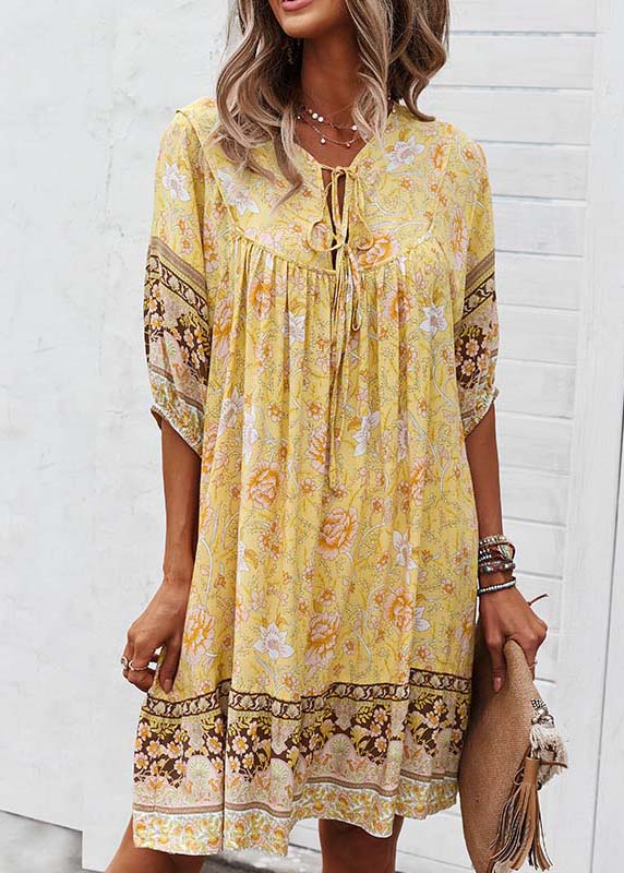 Lace Dress Beach Yellow Mid Sleeve Half Print Tie