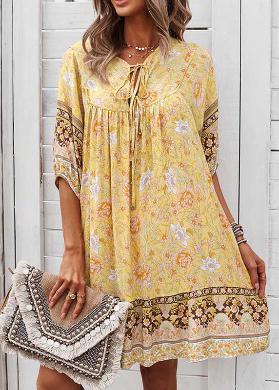 Lace Dress Beach Yellow Mid Sleeve Half Print Tie