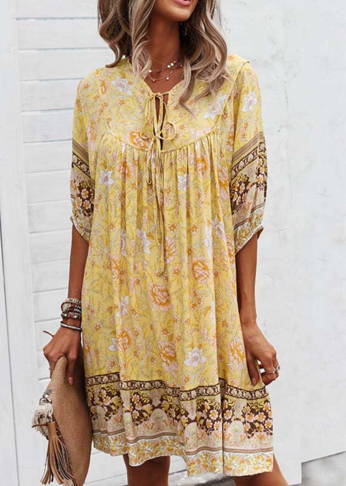 Lace Dress Beach Yellow Mid Sleeve Half Print Tie