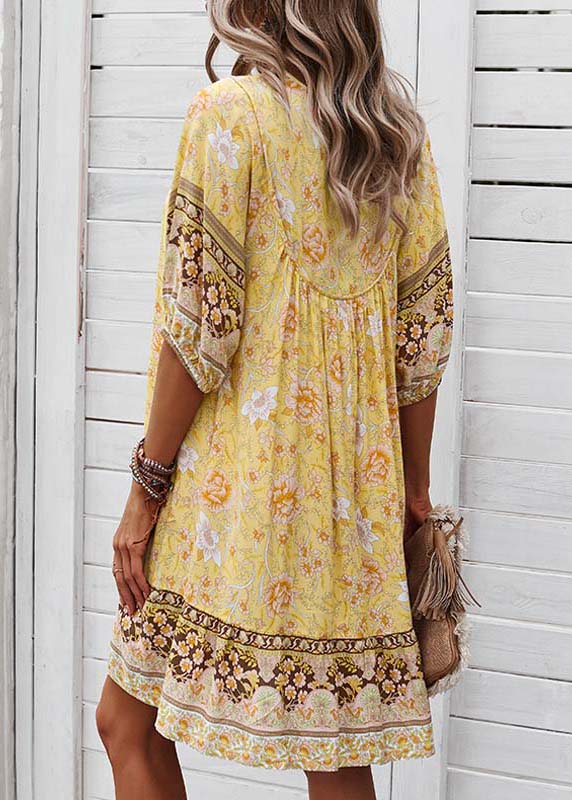 Lace Dress Beach Yellow Mid Sleeve Half Print Tie
