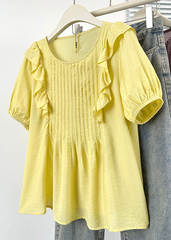 Neck Yellow Button Shirts Solid Cotton O Ruffled