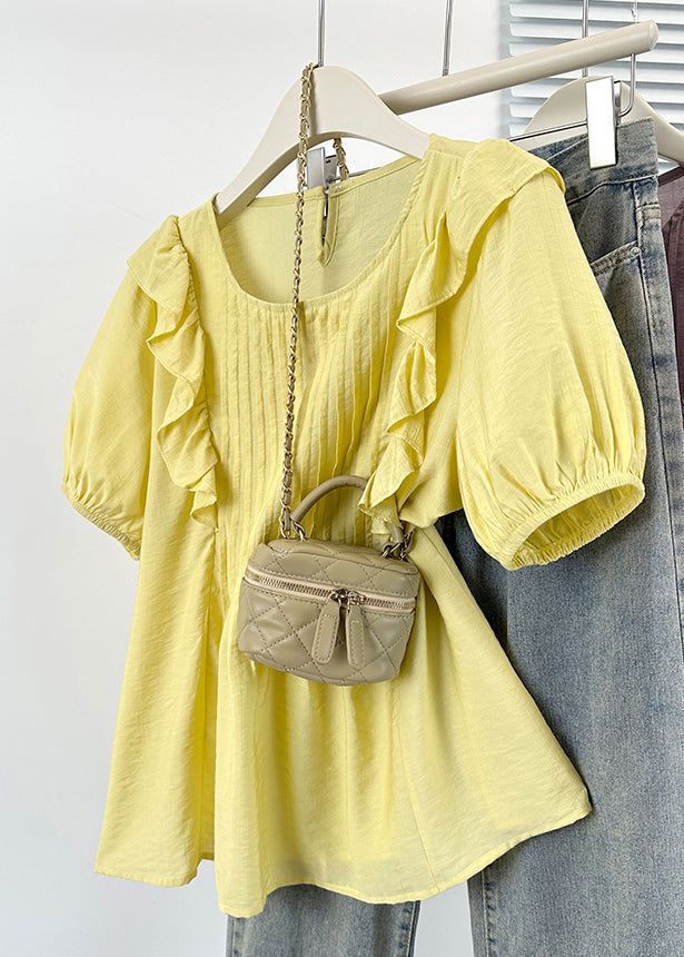 Neck Yellow Button Shirts Solid Cotton O Ruffled