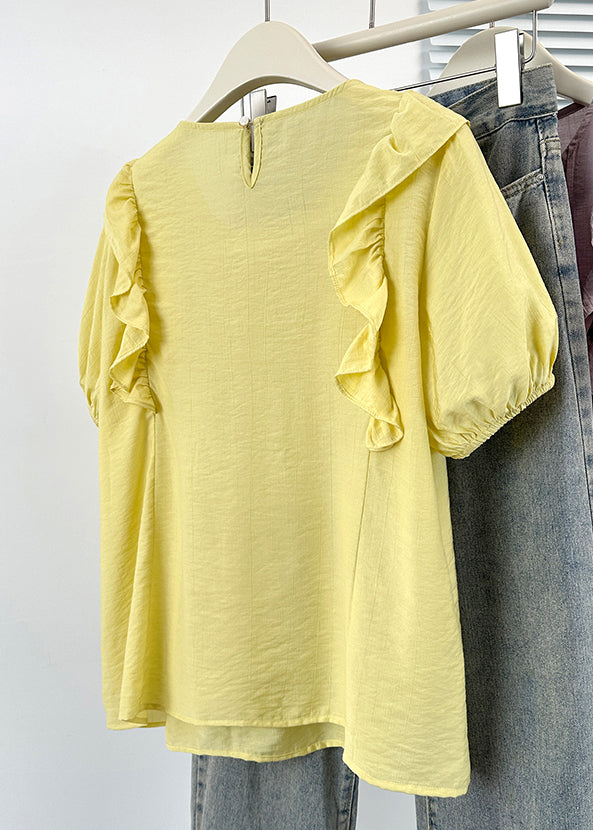Neck Yellow Button Shirts Solid Cotton O Ruffled