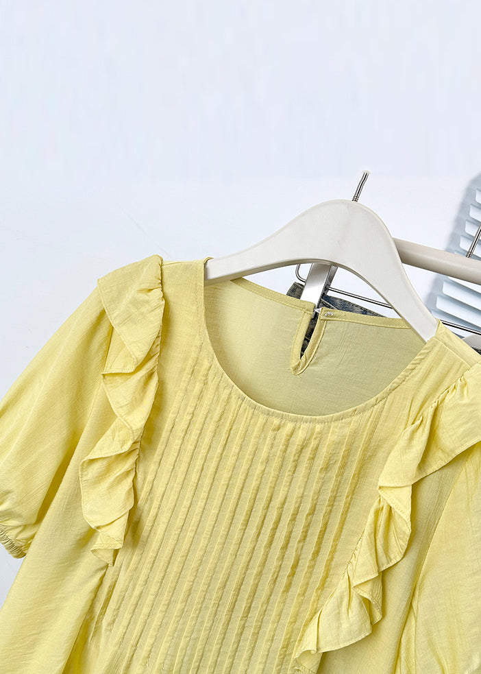 Neck Yellow Button Shirts Solid Cotton O Ruffled