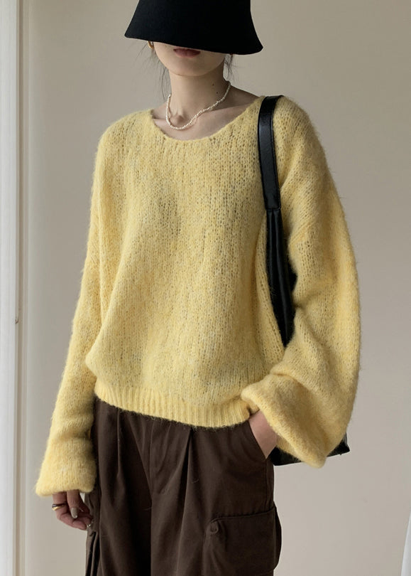 Yellow Solid Cotton Knit Pullover Sweater V Neck Winter WY020