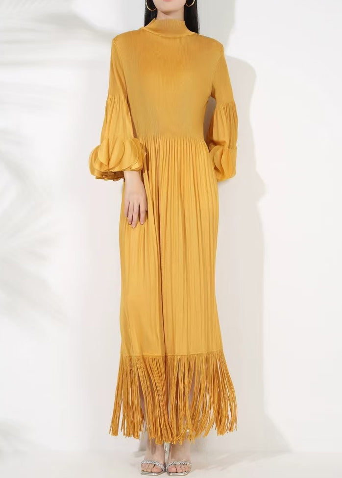 Turtleneck Long Petal Cotton Sleeve Dress Tasseled Yellow