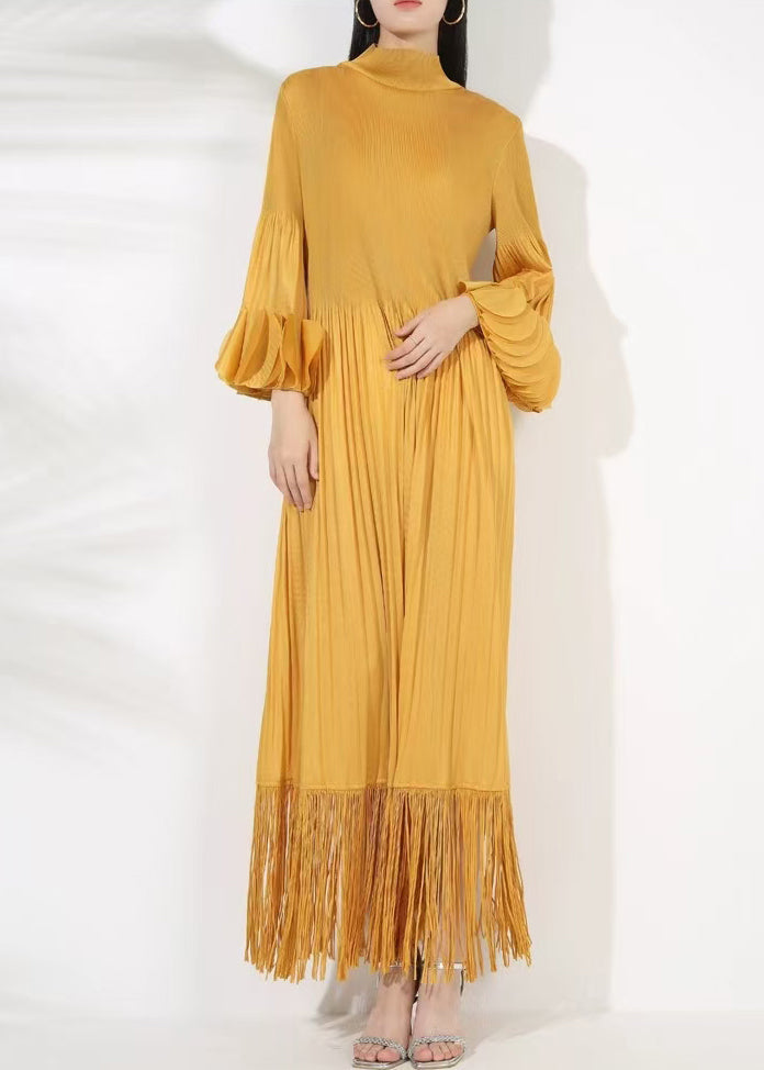 Turtleneck Long Petal Cotton Sleeve Dress Tasseled Yellow