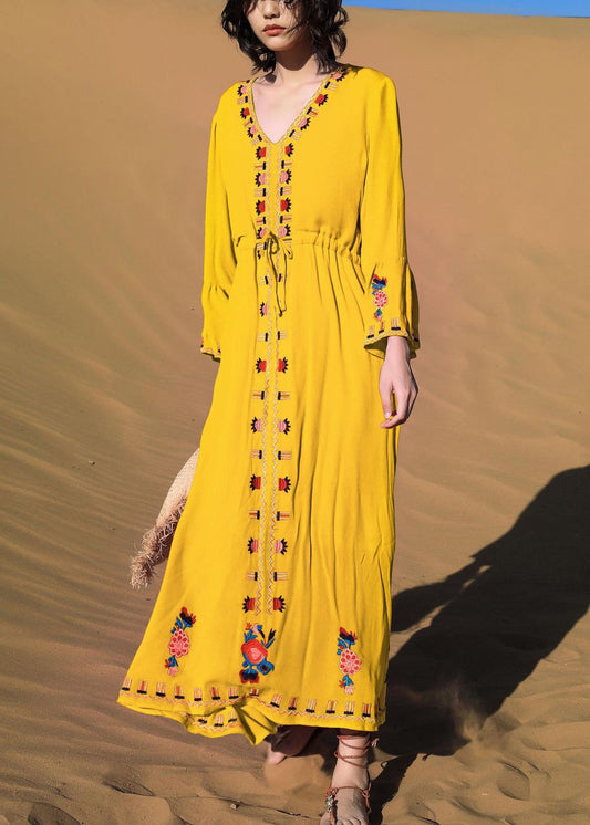 Embroidered Fall Yellow Dress Cotton Long Waist Tie