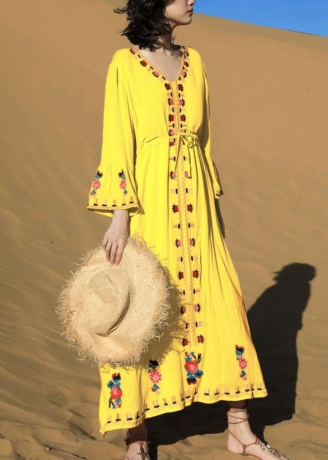 Embroidered Fall Yellow Dress Cotton Long Waist Tie
