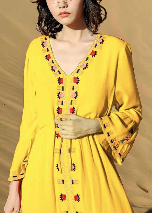 Embroidered Fall Yellow Dress Cotton Long Waist Tie