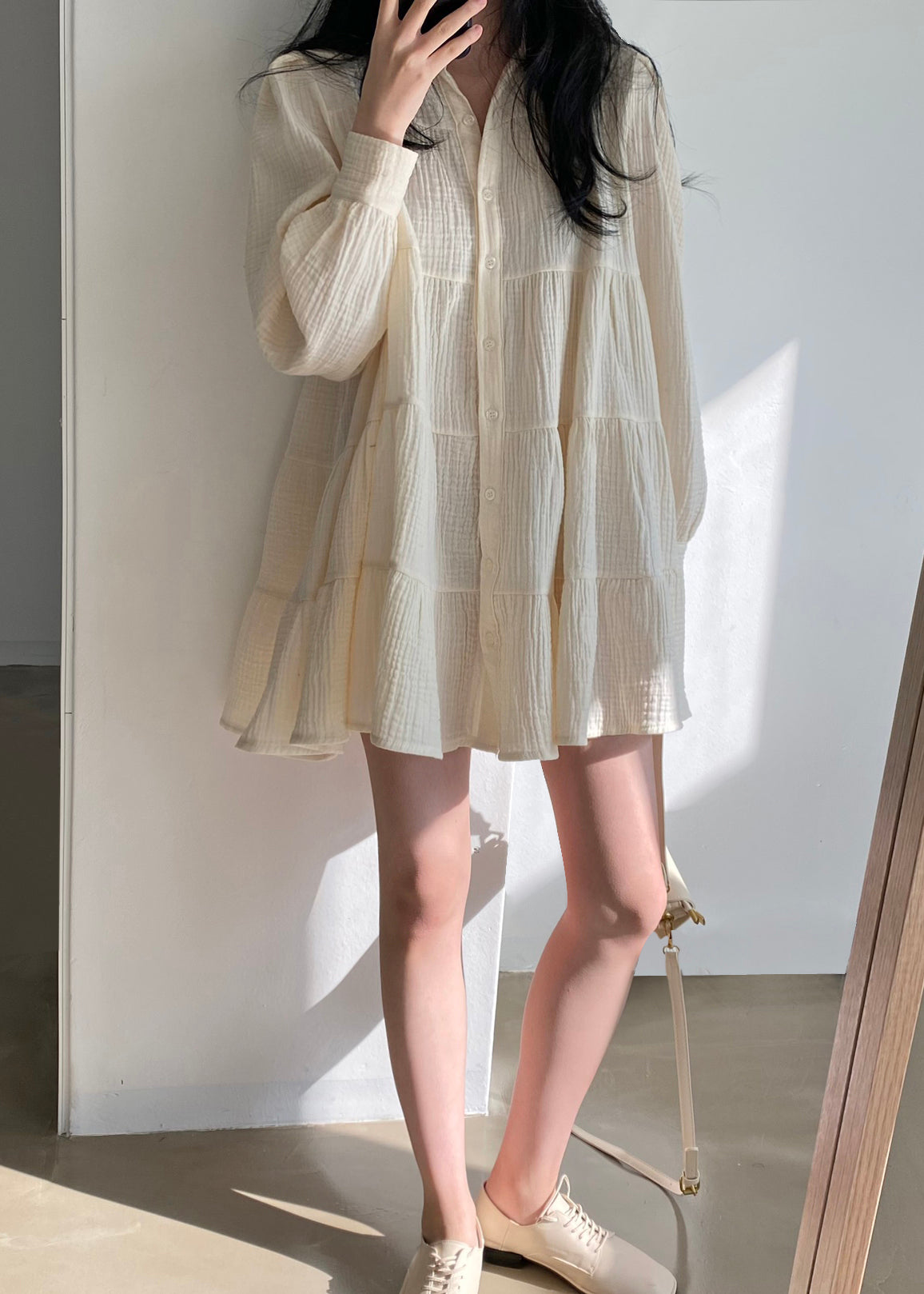 Modern Dresses Cotton Spring Wrinkled Beige Oversized Shirt