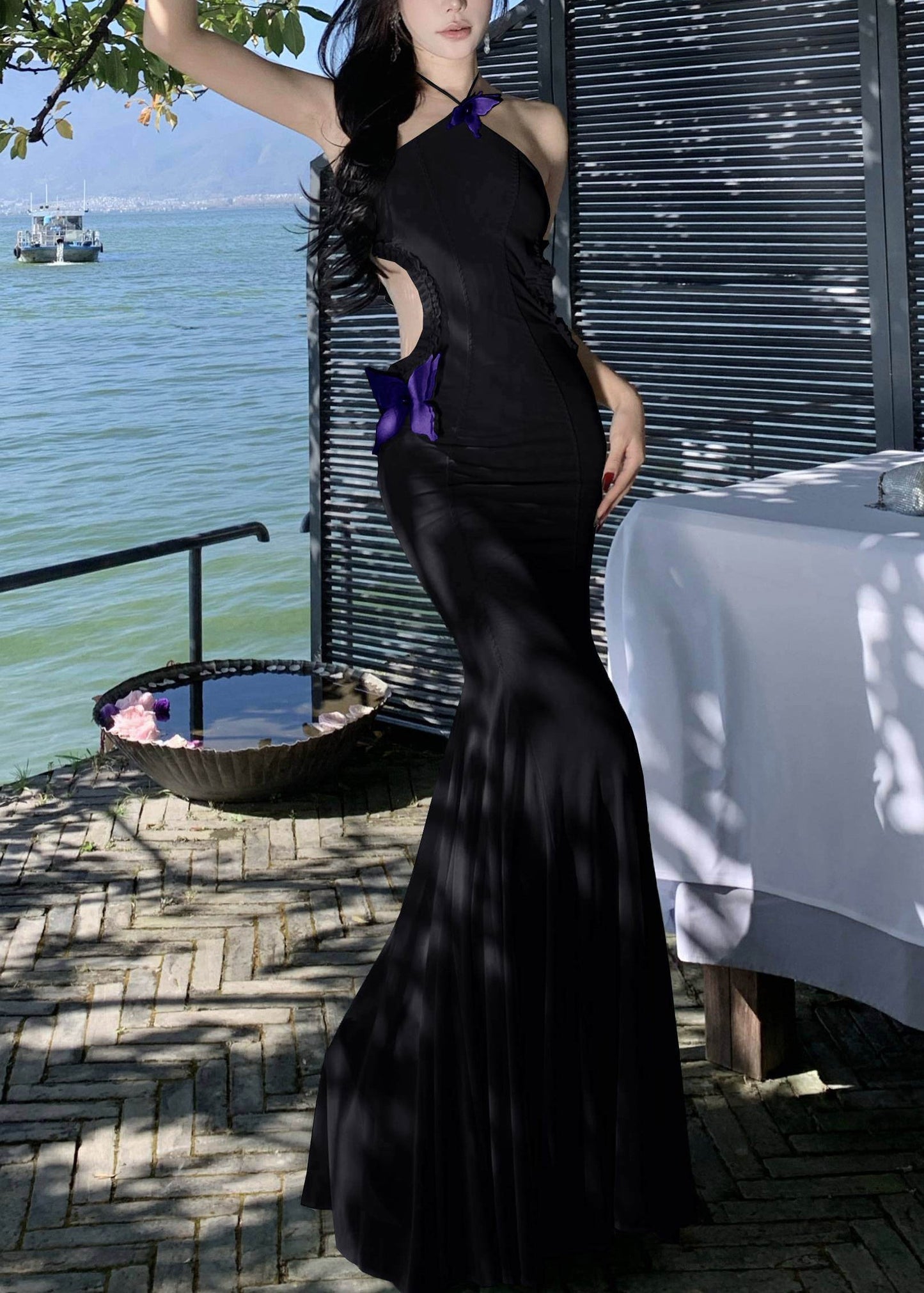 Sleeveless Black Out Butterfly Long Tulle Hollow Dresses Ruffled