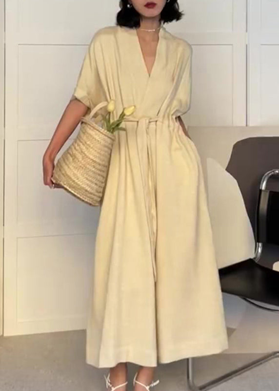 Neck Dress V Modern Beige Pockets Cotton Summer Drawstring