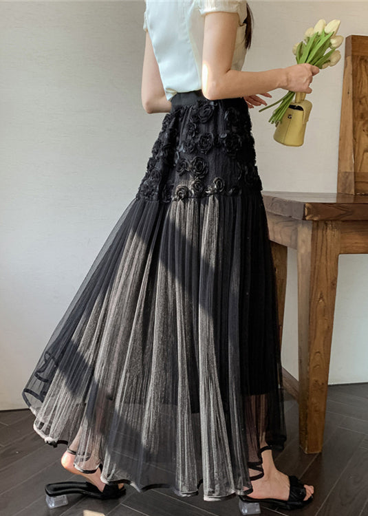 Black Wrinkled Patchwork Tulle Skirt High Waist Spring RV013