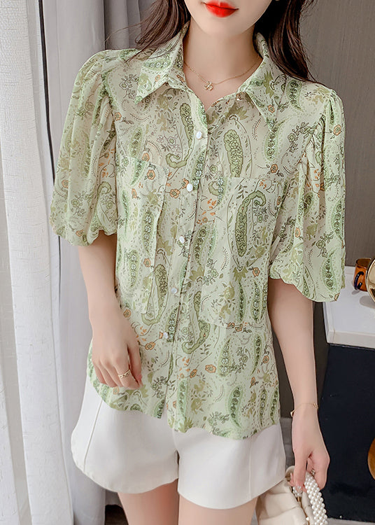 Peter Green Pan Collar Elegant Top Lantern Print Chiffon Shirt