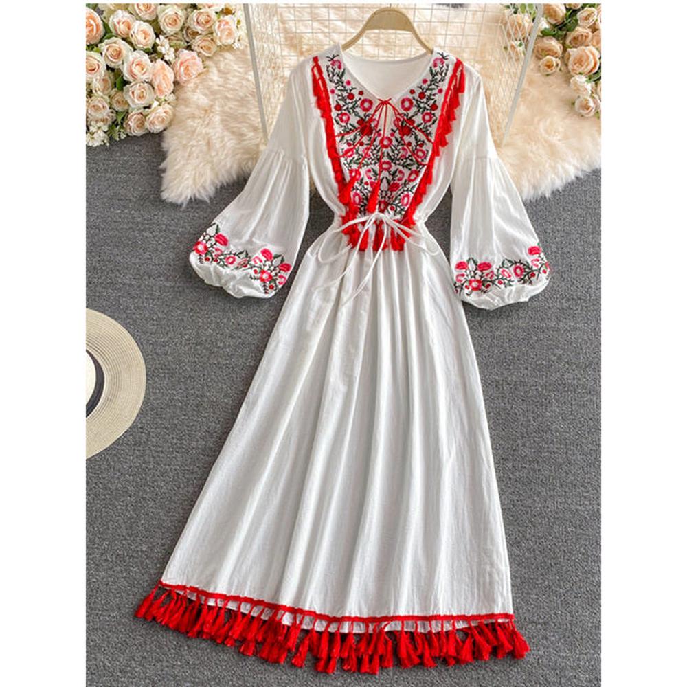 Retro White V-neck Lacing Embroidery Tassel Hem Long Puff Sleeve Dress