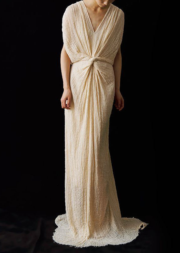 Dress Italian Wrinkled Ankle Lace Summer Up V Neck