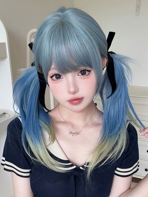 Air Hair 65CM With Bangs Length Cut Wig Color Blue Ombre Straight Hime