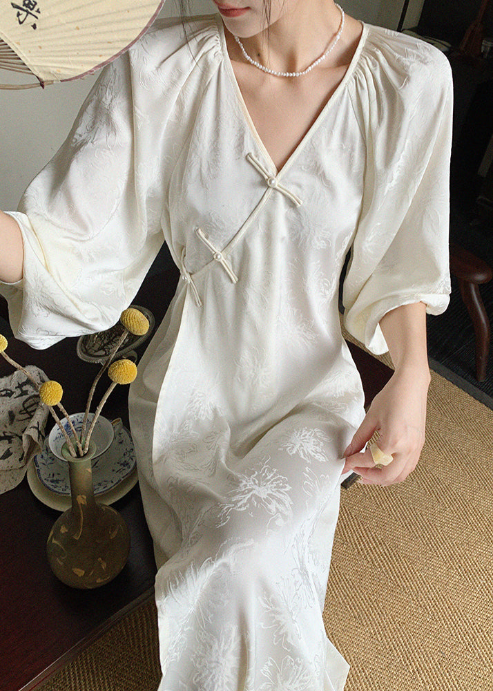 Oriental V Neck Beige Long Button Jacquard Spring Silk Dress New