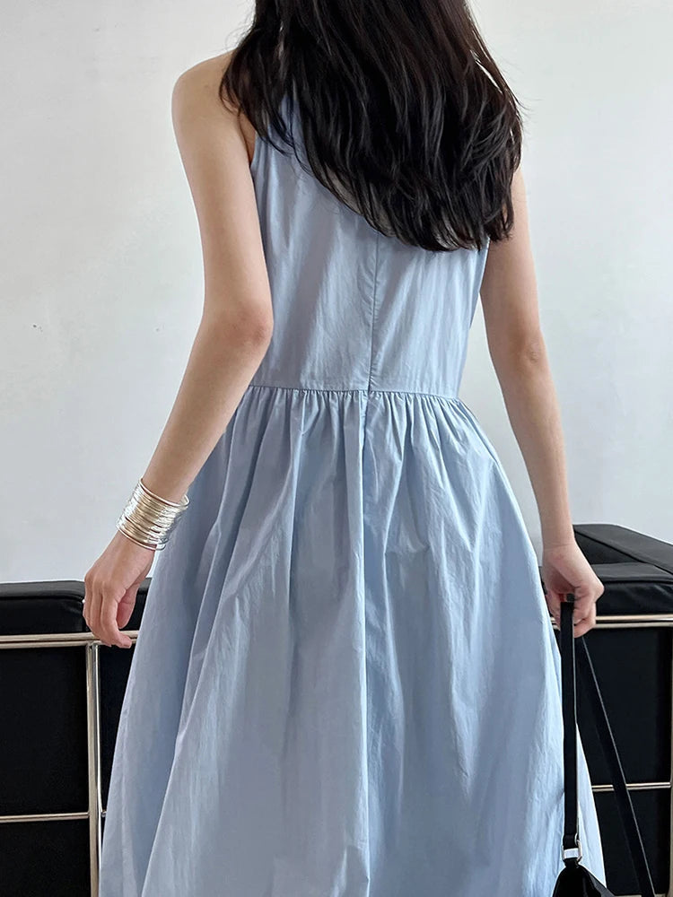 Simple Blue Puff Patchwork Dress Sleeveless O-neck Hem